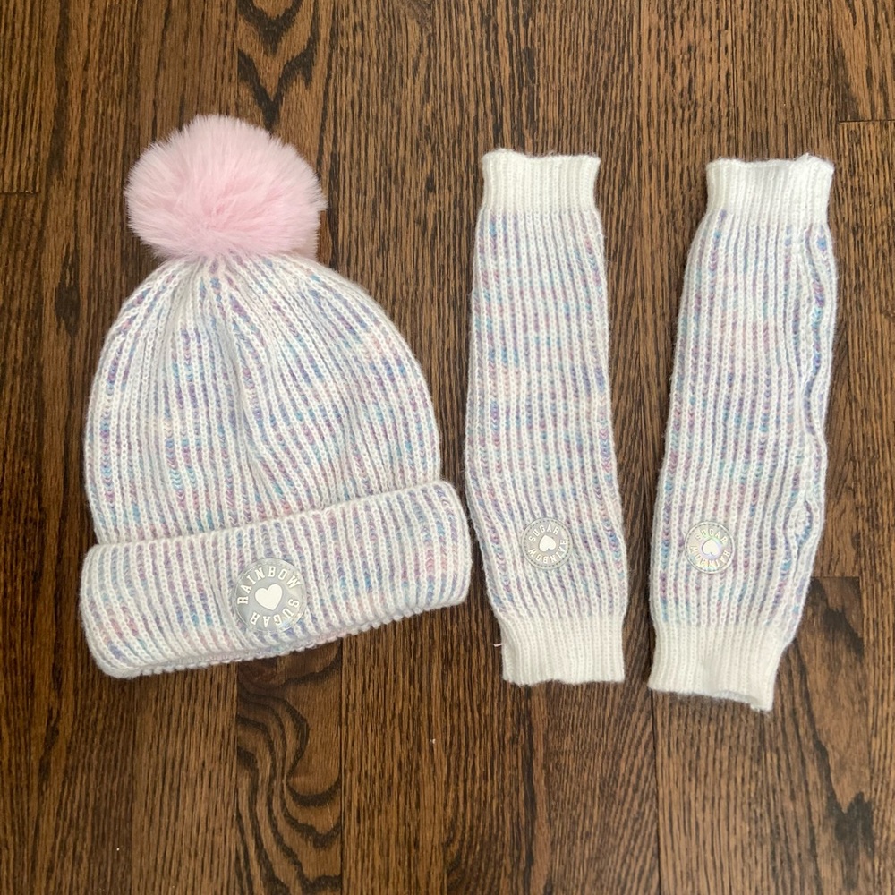 Girls Rainbow Sugar Hat and matching arm/hand warmers